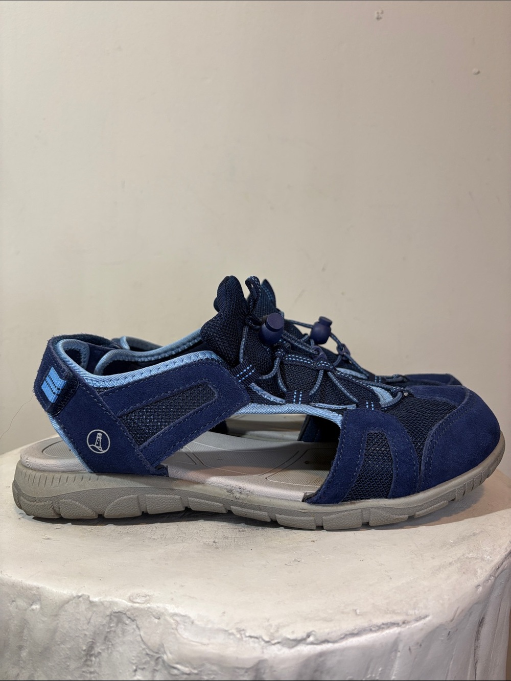 Deep Sea Navy Sky Blue Trim Lands' End All Weather Closed Toe River Sandals WIDE